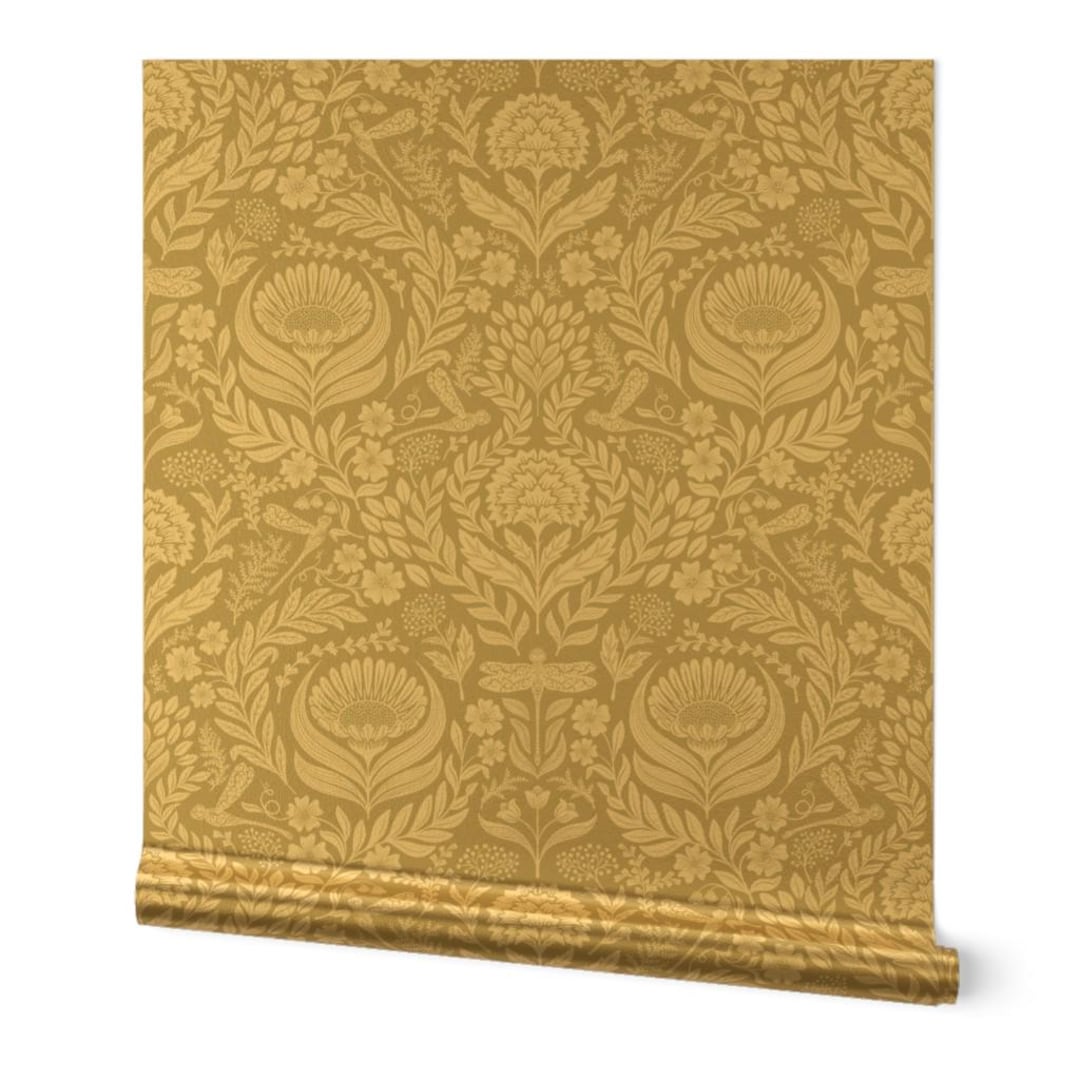 Buy Tan Damask Gold or Silver Metallic Wallpaper - Victorian Floral by ...