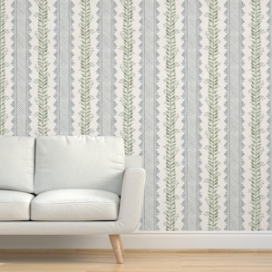 Preppy Stripe Grasscloth Wallpaper - Celia Blue On White by danika_herrick - Blue Flower Stripe Textured Sisal Wallpaper by Spoonflower