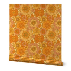 1970s Floral Gold or Silver Metallic Wallpaper - Avery Retro Floral On White by red_raspberry_design - Orange Wallpaper Roll by Spoonflower
