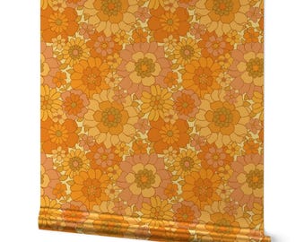 1970s Floral Gold or Silver Metallic Wallpaper - Avery Retro Floral On White by red_raspberry_design - Orange Wallpaper Roll by Spoonflower