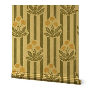 Carta da parati vintage con motivo dorato o argentato con motivo a dente di leone - Carta da parati verde oliva con motivo a dente di leone di apostrofodesign - Rotolo di carta da parati verde oliva di Spoonflower