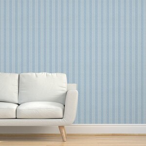 Blue Floral Stripe Grasscloth Wallpaper - Blue Victorian Stripe by bluedaisystudio - Farmhouse Textured Sisal Wallpaper by Spoonflower