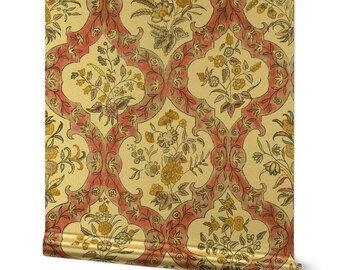 Floral Ogee Gold or Silver Metallic Wallpaper - Vintage Raspberry by eti_enne - Vintage Floral Pink And Gold Wallpaper Roll by Spoonflower