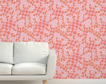 Papier peint vintage toile de lin orange rose - Carreaux abstraits rétro par cj_southern - Papier peint sisal texturé fleuri lumineux Y2k par Spoonflower