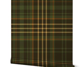 Dark Green Check Gold or Silver Metallic Wallpaper - Modern Tartan Plaid by tessab_studio - Rustic Cabin Wallpaper Roll by Spoonflower