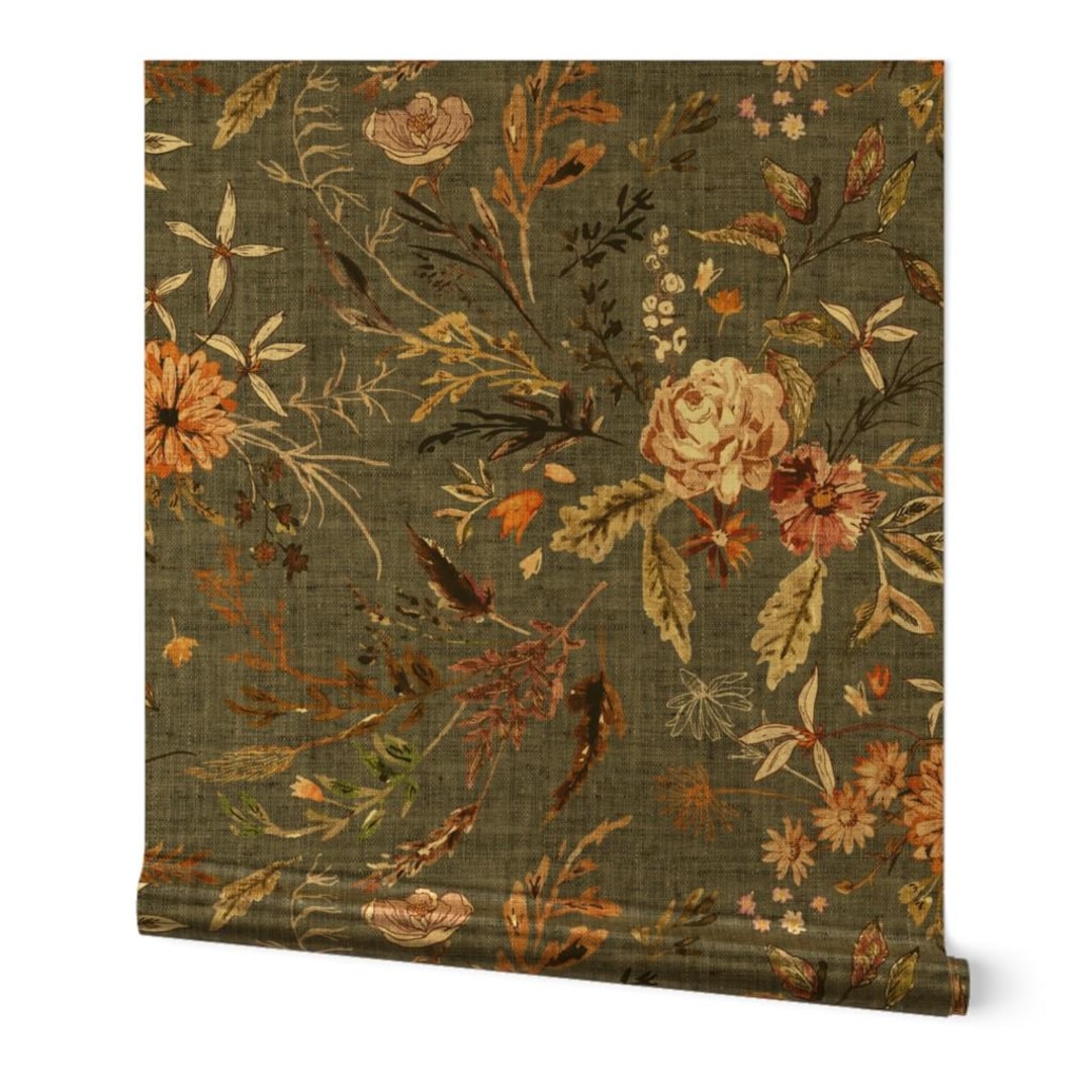 Boho Vintage Floral Gold or Silver Metallic Wallpaper