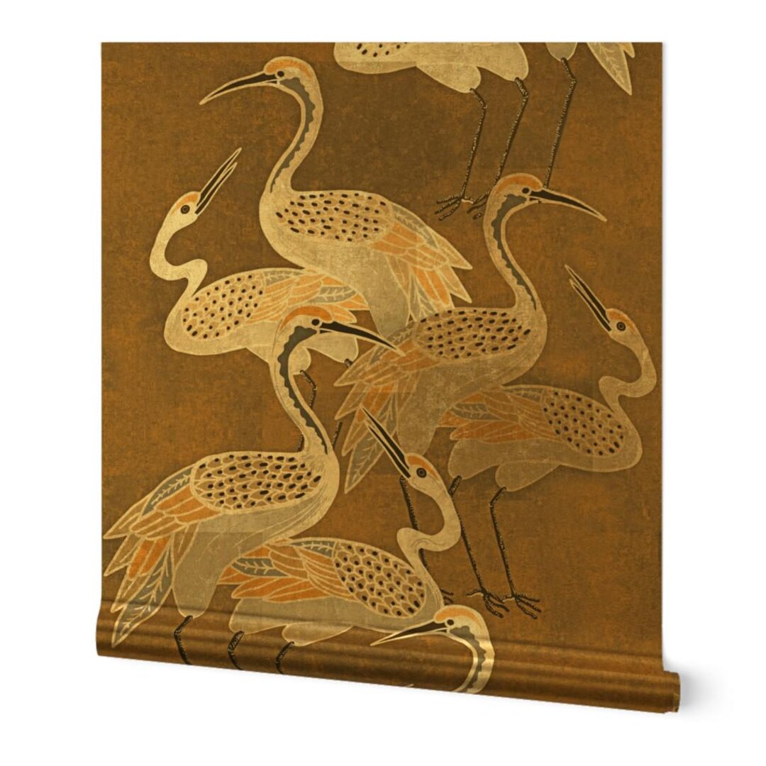 Art Deco Cranes Gold or Silver Metallic Wallpaper - Deco Cranes Bronze ...
