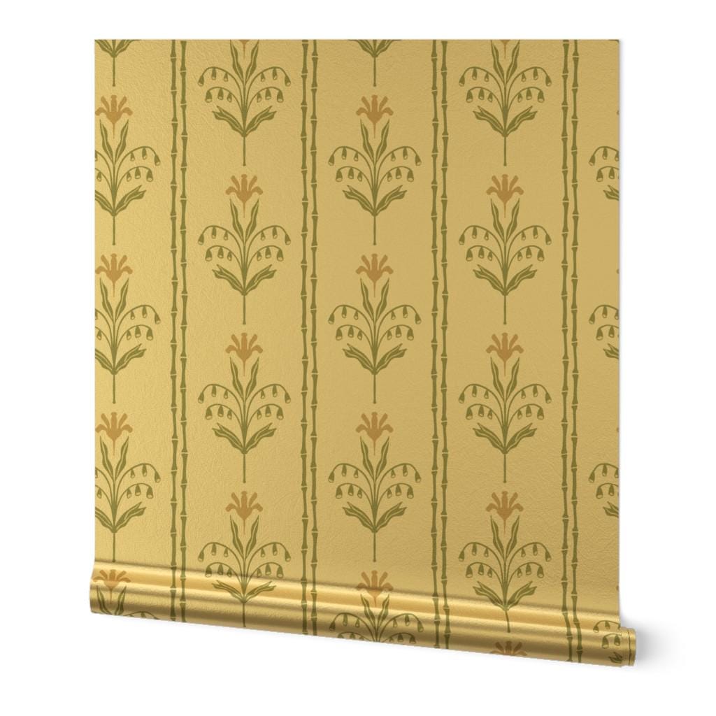 Vintage Floral Gold or Silver Metallic Wallpaper - Stripe Mustard by heightsdesignstudio - Yellow Cream Green Wallpaper Roll by Spoonflower