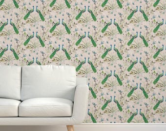 May include: A seamless wallpaper pattern featuring peacocks with green and blue feathers, surrounded by delicate floral designs and small birds on a light beige background.