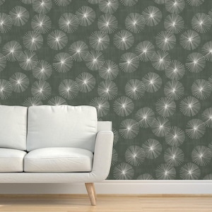 Classic Retro Mod Grasscloth Wallpaper - Dandelions Mm by friztin - Mid Century Modern Medium Green Textured Sisal Wallpaper by Spoonflower