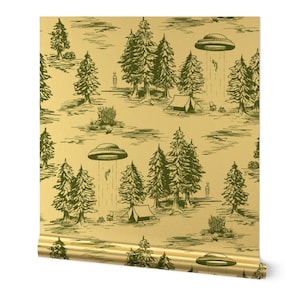 Ufo Abduction Toile Gold or Silver Metallic Wallpaper - Alien Abduction Toile by somecallmebeth - Whimsical Wallpaper Roll by Spoonflower