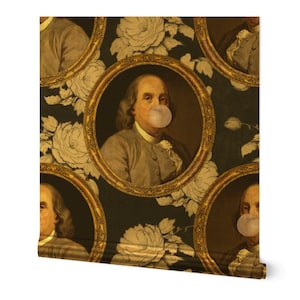 Benjamin Franklin Gold or Silver Metallic Wallpaper - Franklin Bubblegum by rebelmod - Portrait Historical Gum Wallpaper Roll by Spoonflower