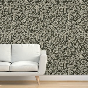 Farmhouse Floral Grasscloth Wallpaper -  Trailing Florals by jen_owens - Botanical Monochromatic Textured Sisal Wallpaper by Spoonflower