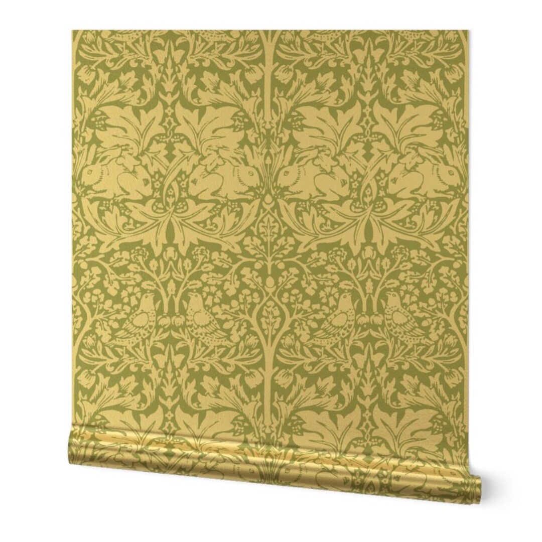 Victorian Garden Gold or Silver Metallic Wallpaper - Rabbit in Green by ...
