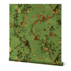 Glam Chinoiserie Gold or Silver Metallic Wallpaper - Monkey World by fifikoussout - Vintage Style Jade Green Wallpaper Roll by Spoonflower