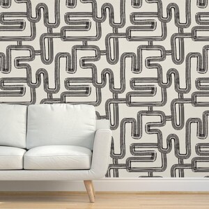 Modern Abstract Grasscloth Wallpaper - Wavy Lines by rose_lindo - Geometric Black Ivory Bold Graphic Textured Sisal Wallpaper by Spoonflower