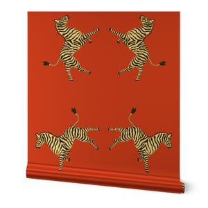 Bright Zebras On Red Gold or Silver Metallic Wallpaper - Zebra Orange Red by danika_herrick - Tropical Safari Wallpaper Roll by Spoonflower