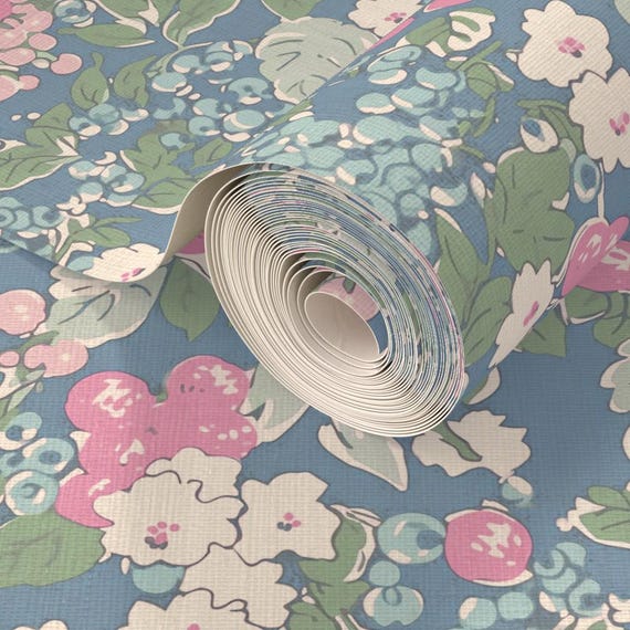 Traditional Flowers Grasscloth Wallpaper - Garden Pink and Blue by