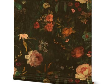 May include: Dark floral wallpaper featuring a variety of flowers in shades of peach, orange, and cream against a deep brown background. The design includes leaves and stems, creating a vintage, botanical aesthetic.