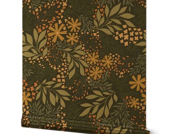 Dark Floral Gold or Silver Metallic Wallpaper - Garden Floral by writtenbykristen - Pink Mustard Botanical Wallpaper Roll by Spoonflower