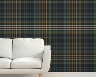 Dark Green Check Grasscloth Wallpaper - Modern Tartan Plaid by tessab_studio - Rustic Cabin Textured Sisal Wallpaper by Spoonflower