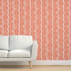 Coral Floral Grasscloth Wallpaper - Orange Stripe by danika_herrick - Botanical Stripe Garden Bloom Textured Sisal Wallpaper by Spoonflower
