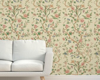 Antique Flower Grasscloth Wallpaper - Tree Of Life Chintz by peacoquettedesigns - Floral Vines Textured Sisal Wallpaper by Spoonflower