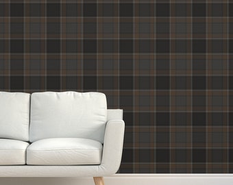 Vintage Brown Plaid Grasscloth Wallpaper - Donkerbruin Plaid door melamations - Retro Grijs Grijs Tartan Getextureerd Sisal Wallpaper van Spoonflower