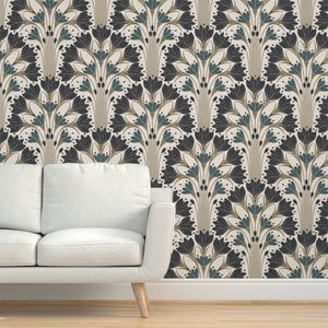 Block Print Floral Grasscloth Wallpaper - Art Deco Botanical by garabateo - Green Black Beige Bold Textured Sisal Wallpaper by Spoonflower