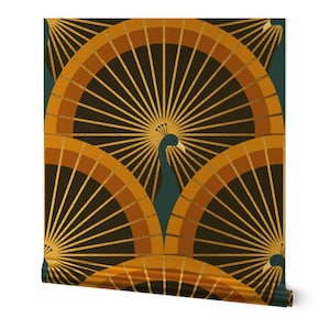 Carta da parati Art Deco Peacock Gold o Silver Metallic - Calypso Gold di amy_maccready - Rotolo di carta da parati glamour anni '20 di Spoonflower