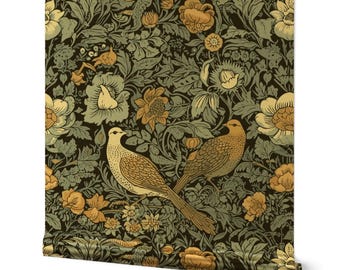 Blue Victorian Gold or Silver Metallic Wallpaper - Love Birds by cherylgrahamdesigns - Damask Art Nouveau Wallpaper Roll by Spoonflower