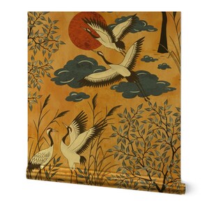 Crane Chinoiserie Gold or Silver Metallic Wallpaper - Crane And Golden Sun by martaroseart - Elegant Garden Wallpaper Roll by Spoonflower