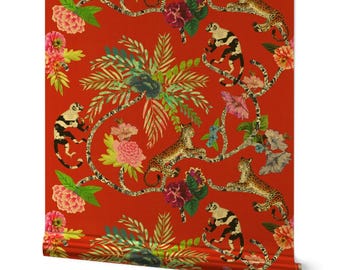 Papel pintado metálico dorado o plateado de estilo chinoiserie - Chinoiserie Frolic de pattern_garden - Rollo de papel pintado rojo maximalista de Spoonflower