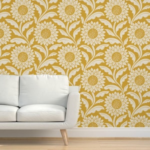Jumbo Floral Grasscloth Wallpaper - Sunflower Block Print by lindsay_roberts - Yellow Sunflowers Textured Sisal Wallpaper by Spoonflower