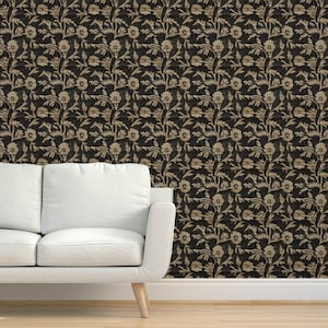 Black Boho Floral Grasscloth Wallpaper - Hali Vintage by holli_zollinger - Rustic Farmhouse Tan Gold Textured Sisal Wallpaper by Spoonflower