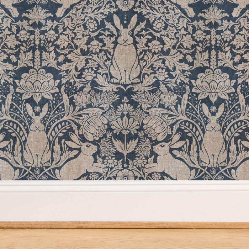 Rabbit Damask Grasscloth Wallpaper - Year of the Rabbits Blue by ...