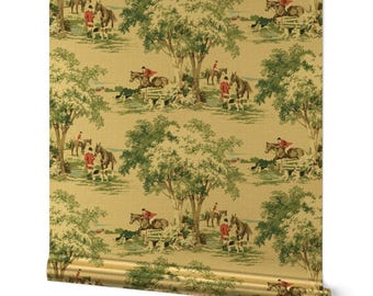 Equestrian Toile Gold or Silver Metallic Wallpaper - Hunt Scene by ponymacaroni - Fox Hunting English Fox Hunt Wallpaper Roll by Spoonflower