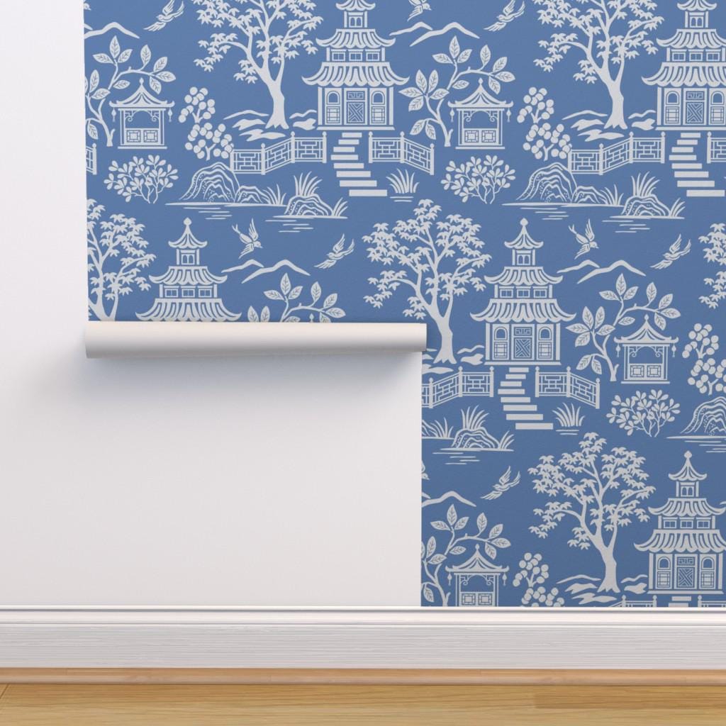 Light Blue Pagoda Gold or Silver Metallic Wallpaper