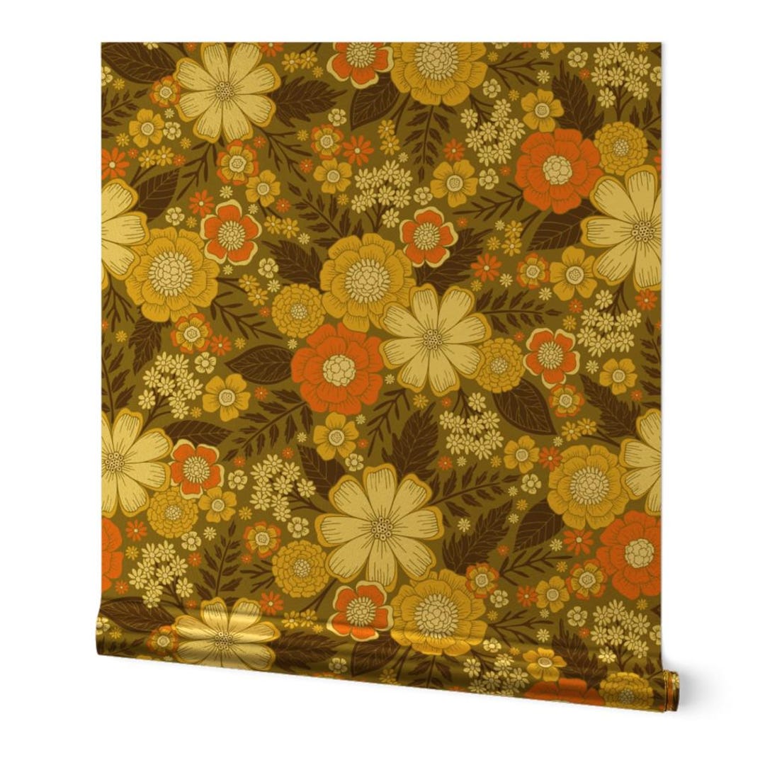 Vintage Style Gold or Silver Metallic Wallpaper - 1970s Retro Floral by ...