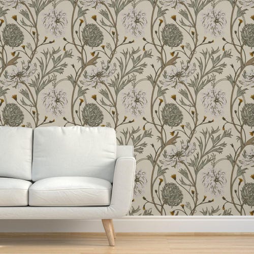 Papel pintado floral de fibra vegetal en tonos suaves – Encaje de la reina Ana, Sisal de flores silvestres Spoonflower