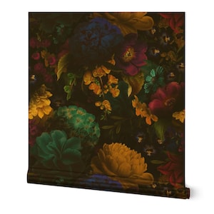 Maximalist Gold or Silver Metallic Wallpaper - Moody Baroque Floral by utart - Vibrant Flowers Romantic Wallpaper Roll by Spoonflower