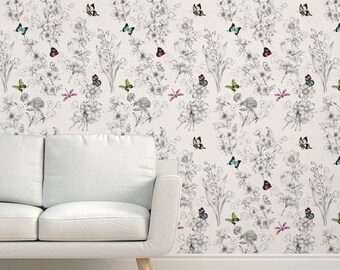 Vlinders Grasscloth Wallpaper - Le Papillon door willowlanetextiles - Butterfly Sketch Botanische getextureerde Sisal Wallpaper door Spoonflower