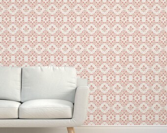 Papel tapiz de tela de hierba con rosas rosas - Grandmillennial de atlas_greene - Papel tapiz de sisal con textura en blanco y rosa estilo shabby chic de Spoonflower