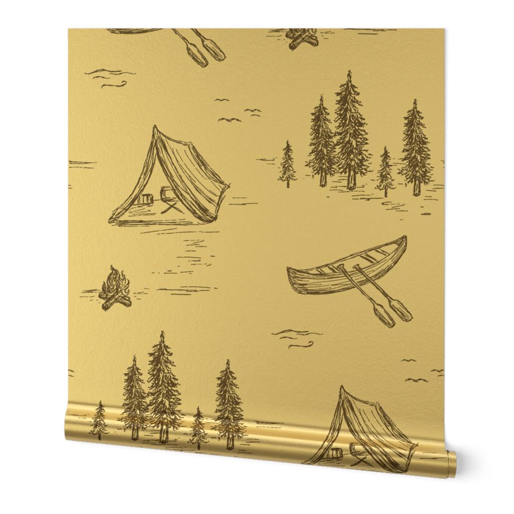 Woodland Adventure Gold or Silver Metallic Wallpaper - Lake Life by rose_lindo - Outdoors Rustic Pine Forest Wallpaper Roll by Spoonflower