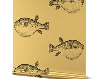 Mlags Gold or Silver Metallic Wallpaper - Black Pufferfish Cream Large Scale by eti_enne - Puffer Fish Fish Wallpaper Roll by Spoonflower