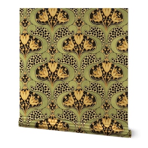 Art Deco Gold or Silver Metallic Wallpaper - Art Nouveau Lilies by etienne - Art Nouveau Beige Aqua Black Wallpaper Roll by Spoonflower