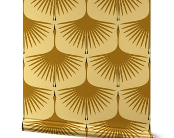 Mustard Gold Crane Gold or Silver Metallic Wallpaper - Art Deco Swan by katerhees - Art Deco Vintage Gold Wallpaper Roll by Spoonflower