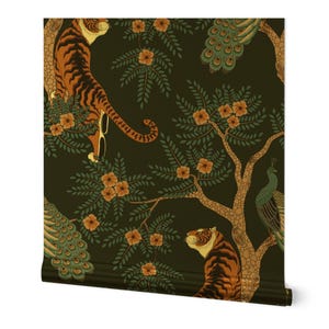 Maximalist Gold or Silver Metallic Wallpaper - Tiger And Peacock by sveta_aho - Chinoiserie Animalier Tropical Wallpaper Roll by Spoonflower