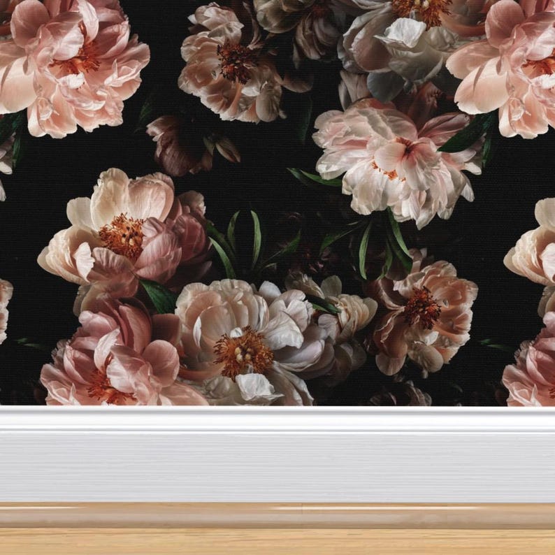 Dramatic Dark Peony Grasscloth Wallpaper - Midnight Peony by ...