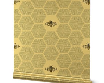 Light Blue Bees Gold or Silver Metallic Wallpaper - Stitched Bees by fernlesliestudio - Insects Bugs Honeycomb Wallpaper Roll by Spoonflower